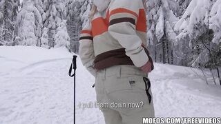 Busty blonde skier is paid to come back to the lodge and fuck