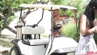 Sex in air while playing golf. brutal fucking and crying while taking big dick into her pussy