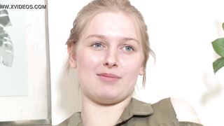 19-year-old German blonde masturbates with a thick dildo